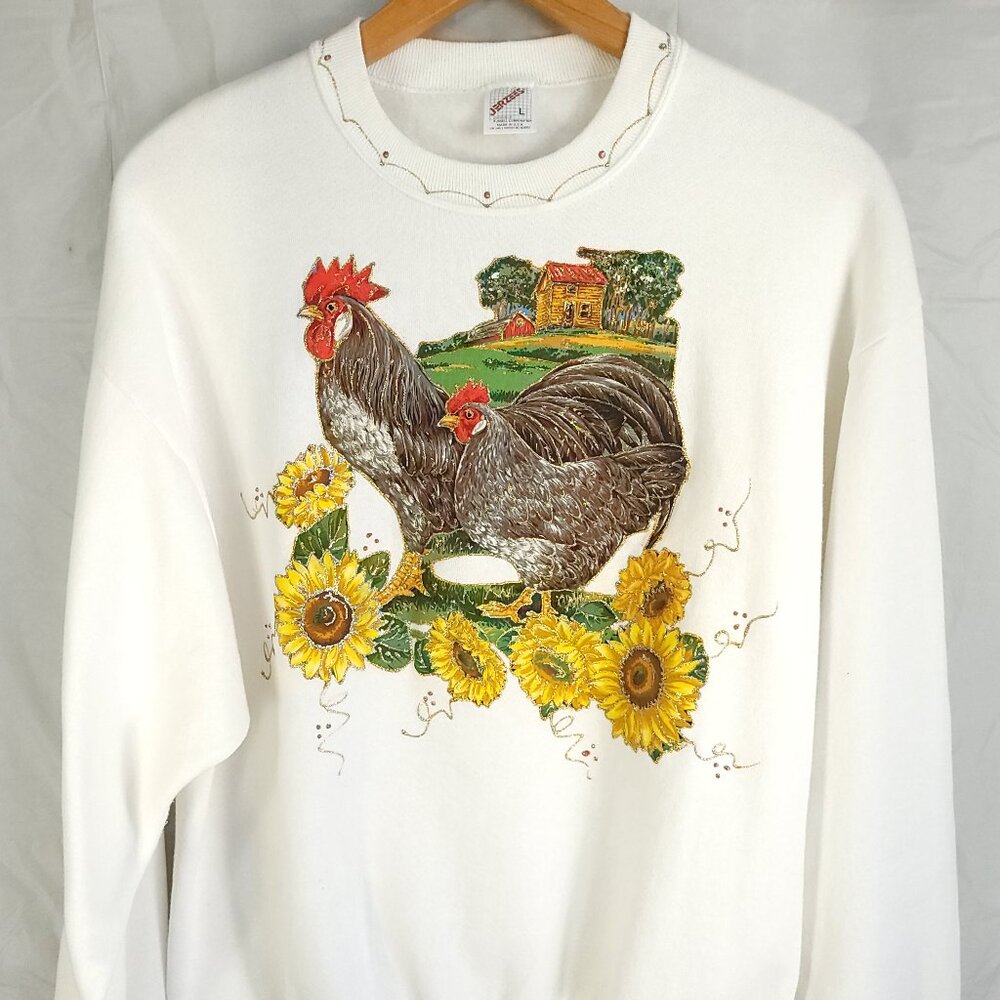 Vtg Jerzees Chicken Rooster Graphic Sweatshirt Womens Large White Distressed USA